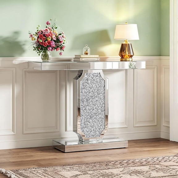 Silver Mirrored Console Table with Crushed Diamond Inlay, 39.4'' Long Entryway Sofa Table, Retangle Shaped Base Modern Accent Narrow Table for Living Room, Hallway, Foyer, Entrance