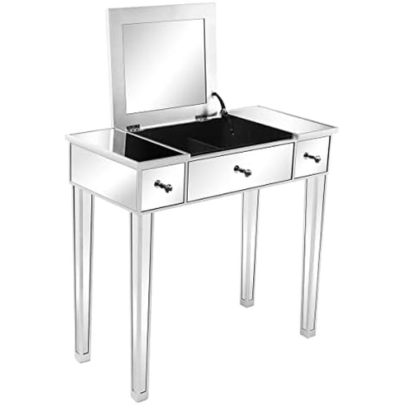 Silver Mirrored Contemporary Computer Desk, 31.5 x 15 x 30'' with 3 Drawer, Makeup Table for Bedroom$$Furniture