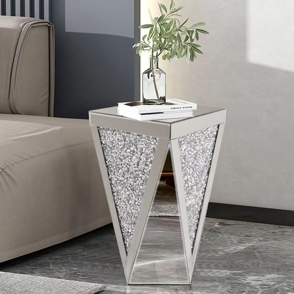 Silver Mirrored End Table, Crystal Inlay Side Table Accent Table, Small Mirrored Coffee Table for Living Room, Bedroom, Corner, 22