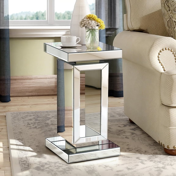Silver Mirrored End Table, Minimalist Side Accent Tables, Pedestal Table for Living Room, Bedroom, Corner, 11.8"x11.8"x22"