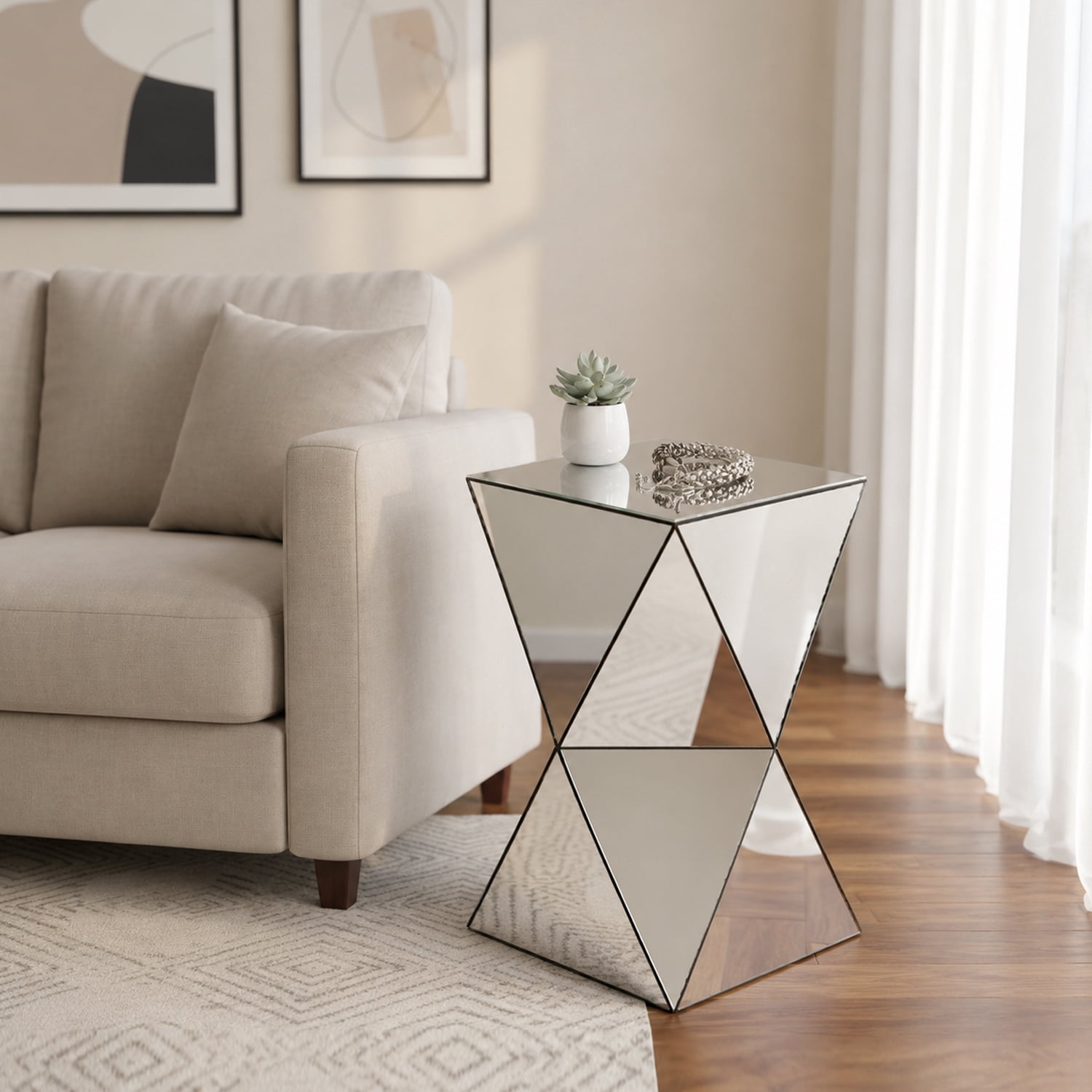 Silver Mirrored Geometric Side Table, Modern Luxe Accent End Table, Reflective Mirror Decorative Nightstand for Living Room, Bedroom, Sofa Side