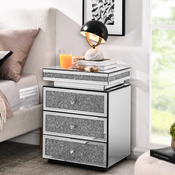Silver Mirrored Nightstand with 3 Drawers / Enhance Room Elegance / Store Essentials Effectively