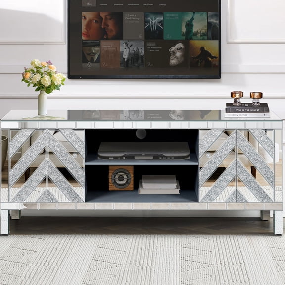 Silver Mirrored TV Console Table | Multi - purpose Storage in Primary Space | Smooth Mirror Surface | Simplifies Media Storage
