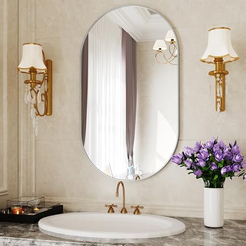 Silver Mirrors,22x38 Silver Bathroom Mirror,Silver Oval Mirror,Oval Mirrors for Bathroom Sink,Entryway Mirror