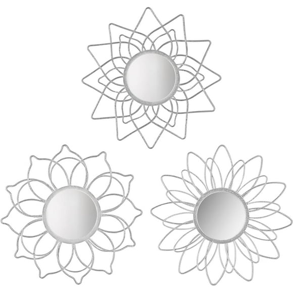 Silver Mirrors for Wall Metal Flower Mirrors Home Decoration Wall Art Decorative Mirror Small Wall Mirror for Living Room Bedroom Bathroom Dinning Room Entrance Set of 3