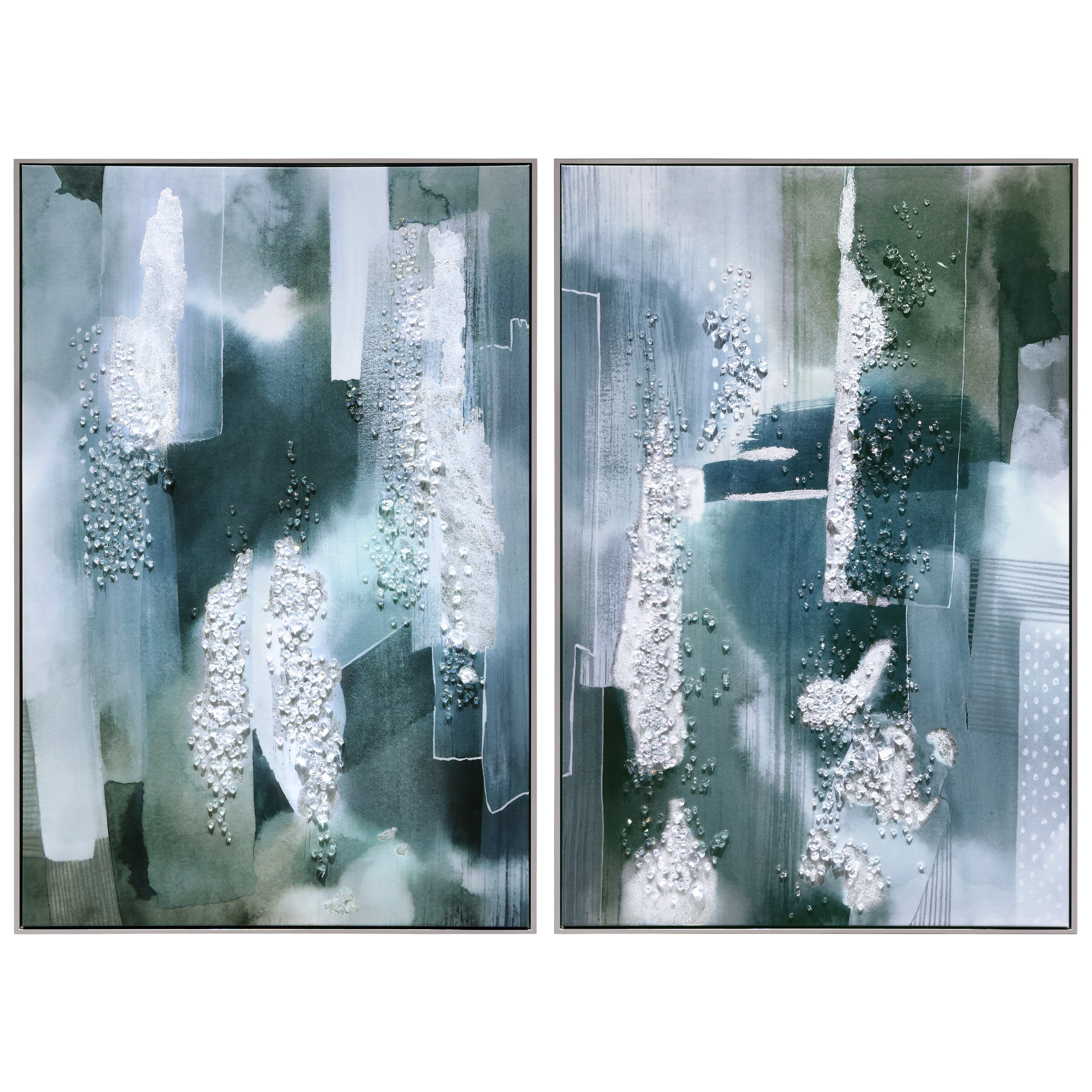 "Silver Mist I & II" Crystallus Epoxy Coated Wrapped Framed Glossy Canvas Wall Art with Heavy Acrylic Crystal Shards Embellishments, Silver Foil Accents