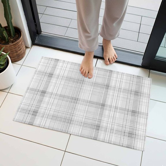 Silver Mist Indoor Door Mat 16x24 Inch Spring Pastel Gray Grid Checkered Farmhouse Front Door Mat Non Slip Washable Entryway Rug Low Profile Dirt Trapper Doormat for Bathroom Kitchen Bedroom
