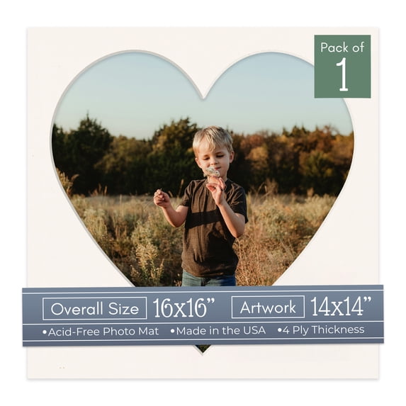Silver Mist Picture Frame Mat for 16x16 Frames - Heart Opening for 14x14 Photos - 1 Mat