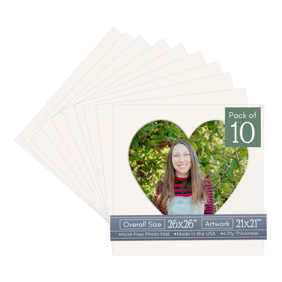 Silver Mist Picture Frame Mat for 26x26 Frames - Heart Opening for 21x21 Photos - 10 Mats