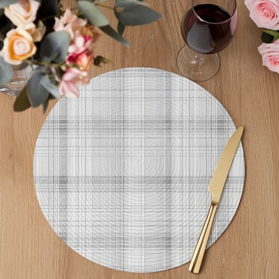 Silver Mist Round Braided Placemats Set of 1, Spring Pastel Gray Grid Checkered Farmhouse Heat Insulation Place Mats Washable Non-Slip Table Mats for Kitchen Dining Party, 13 Inches