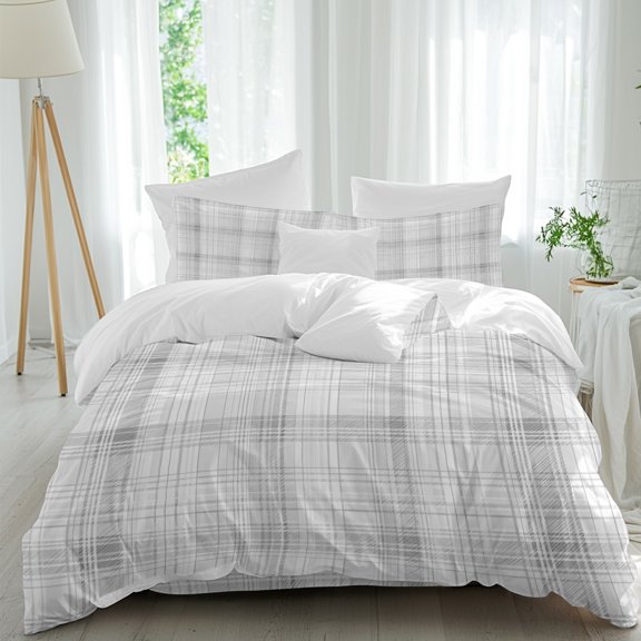 Silver Mist Twin Duvet Cover Set, Spring Pastel Gray Grid Checkered Farmhouse 4 Piece Microfiber Bedding Set with Zipper Closure, Bed Sheet and 2 Pillow Shams, Soft Bedding Cover