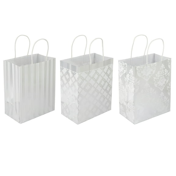Silver Mixed Print Gift Bags by Celebrate It 8"x4.75"x10" Medium Paper & Plastic Bags for Holidays - Birthdays & Special Occasions - 6 Pack