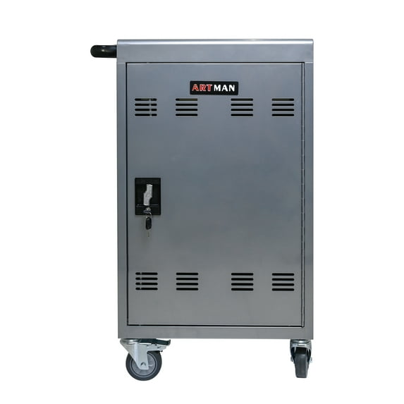 Silver Mobile Charging Cart for 30 Devices - School/Office, Steel, 20.8"x21.2", Chromebook/Laptop Storage, Power Strip Included, Locking, Rolling
