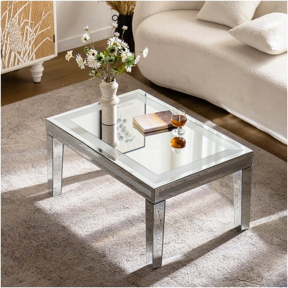 Silver Modern Coffee Table with Crushed Crystal Border, Clear Glass Top and Mirrored Finish for Glam Living Room Furniture
