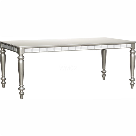 Silver Modern Dining Table with Extension Leaf and Mirror Trim, Rectangular Glamorous Design for Dining Room