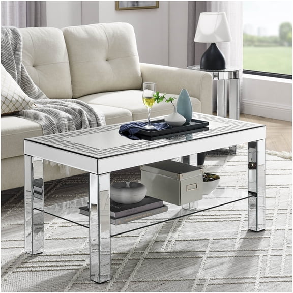 Silver Modern Glam Mirror Coffee Table with Diamond Edge and Crystal Legs