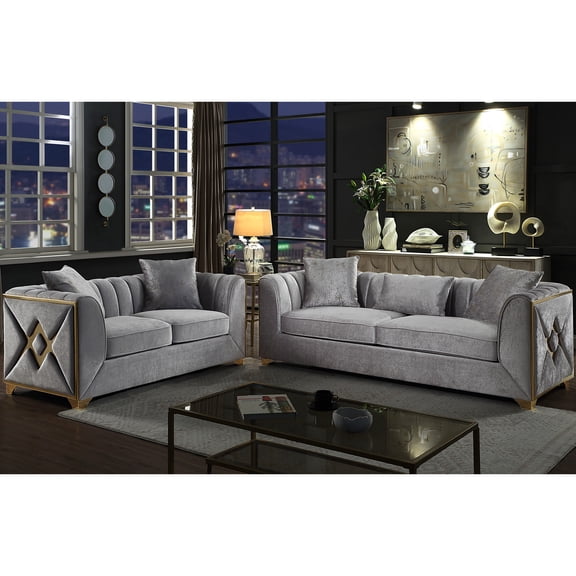 Silver Modern Living Room Setup - & With Solid Wood Construction, Gold Accent, Velvet Comfort Seats 2pc In Strong Frame, Sparkling Sumptuous Upholstery