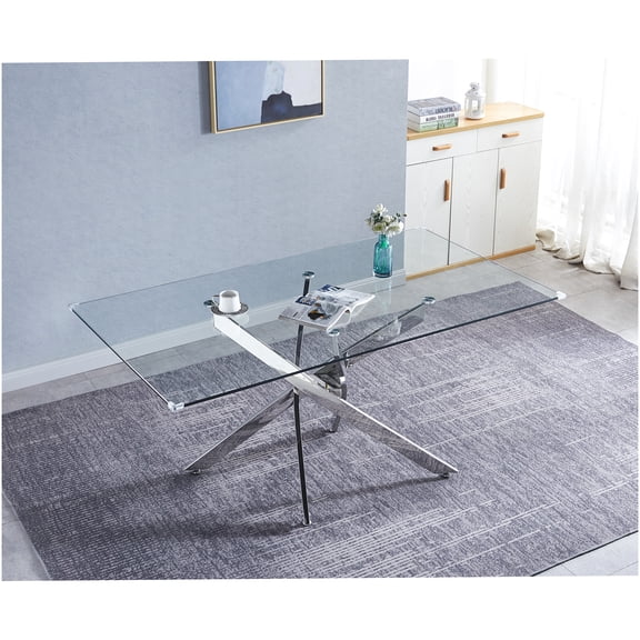 Silver Modern Rectangular Tempered Glass Dining Table with Chrome Base for 6 Seater