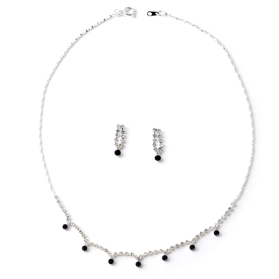 Silver Montana Rhinestone Bridal Wedding Party Tip Wave Shape Necklace & 2 Strands with Rhinestone Tip Dangle Earrings Jewelry Set