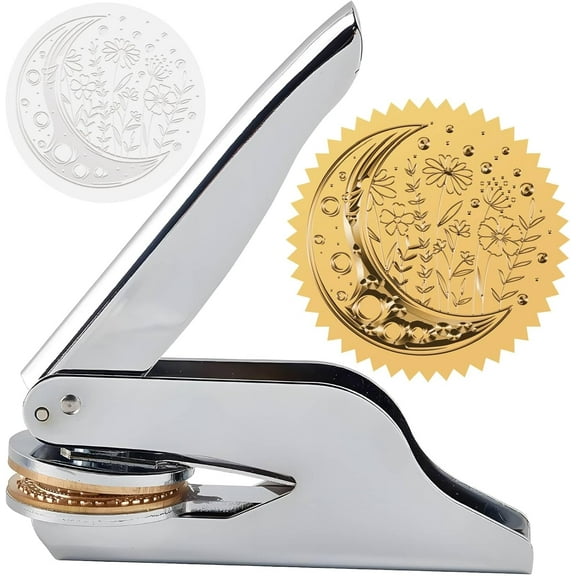 Silver Moon Embossed Stamp Flower Book Ex Libris Library 1.6in Stainless Steel Seal Stamper Hand Held Embosser Bookish Teacher Notary for Graduation Gift Envelopes Wedding Invitation Paper Napkin
