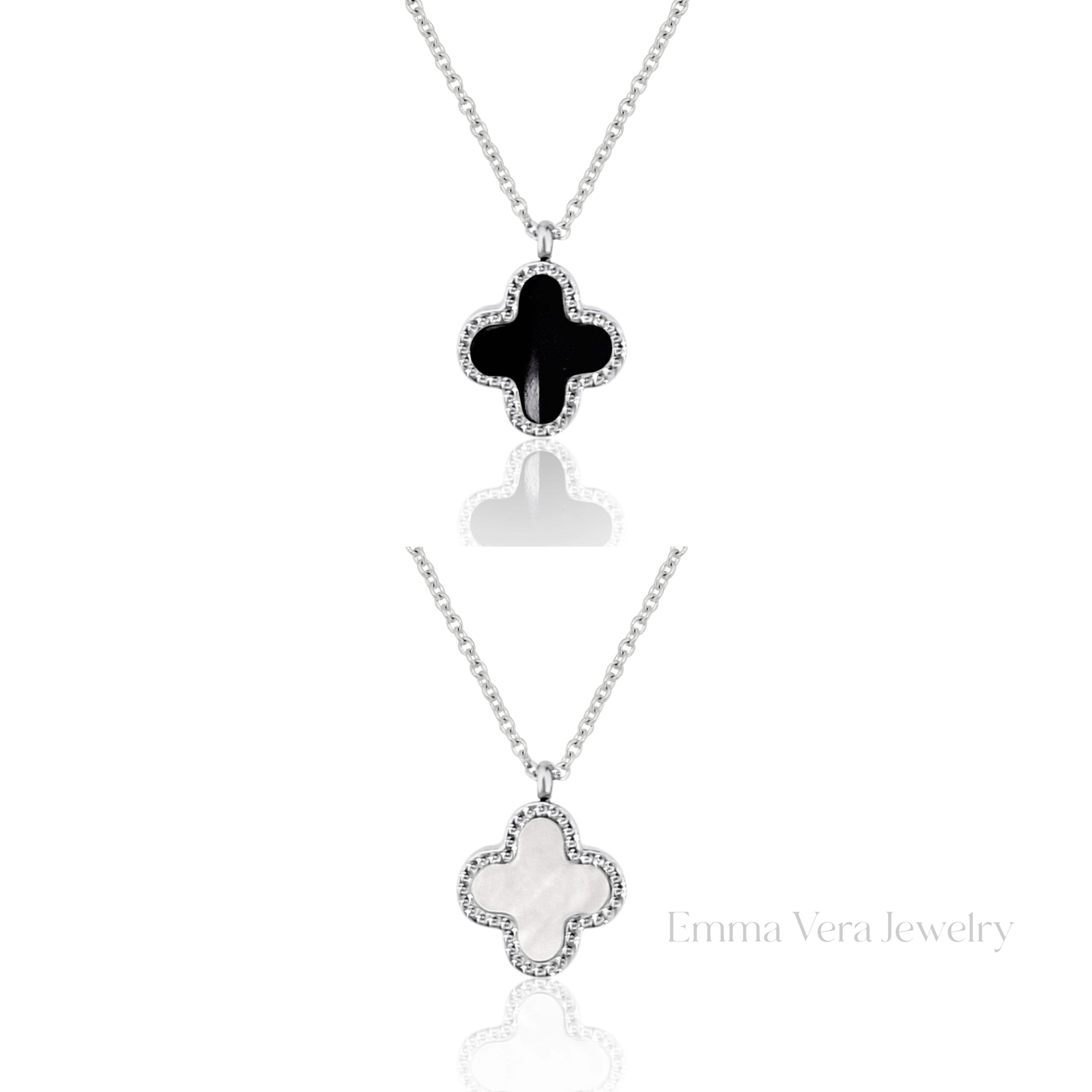 Silver Mother of Pearl, Black Clover Necklace