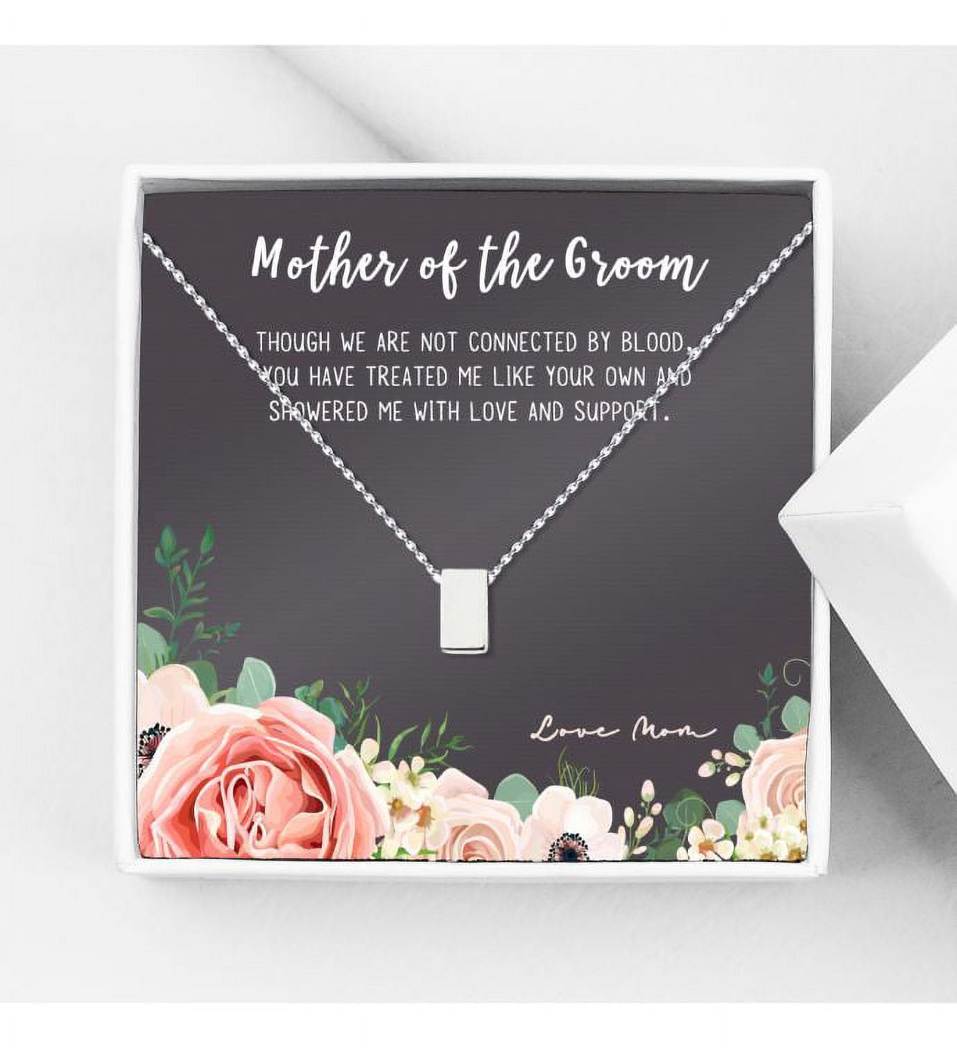 Silver Mother's Day Necklace for Mom, Mother of the Groom Gift, Wedding Day Gift, Wedding Gift for Mother of the Groom, Necklace and Card Jewelry Gift Box [Silver, No-Personalized Card]