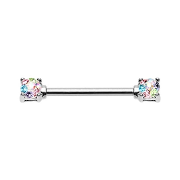 Silver Multi Color Sprinkle Dot Multi Gem Prong Set Nipple Barbell Ring