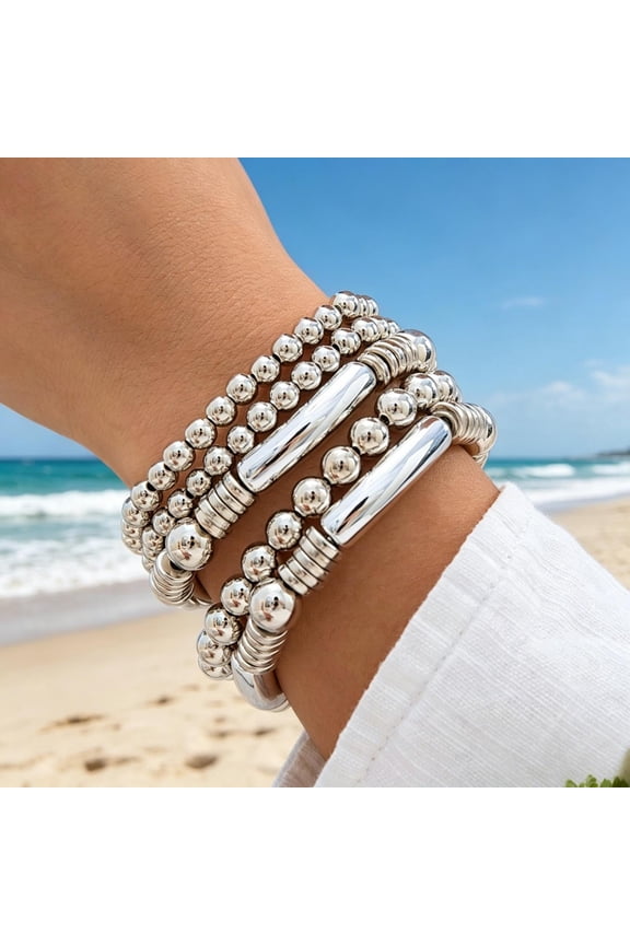 Silver Multi-Layer Beaded Stretch Bracelet Set 5pcs Stackable Ball & Barrel Chain Bracelets, Hypoallergenic & Tarnish-Free, for Beach, Summer, Date Night or Gift (Women/Men)