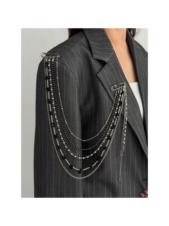 Silver Multi-Layer Chain Beaded Tassel Brooch Pin For Women, Elegant Geometric Lapel Jewelry