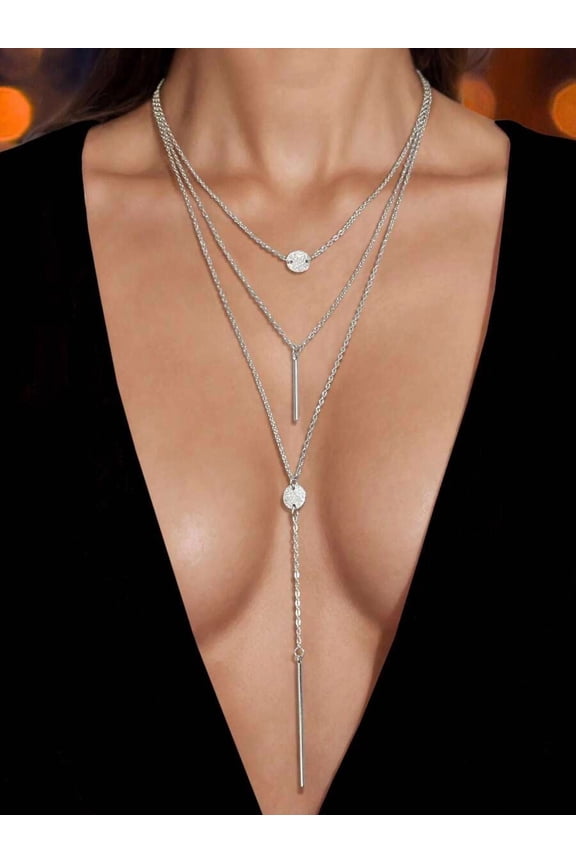 Silver Multi-Layer Chain Lariat Necklace With Disc And Bar Pendants