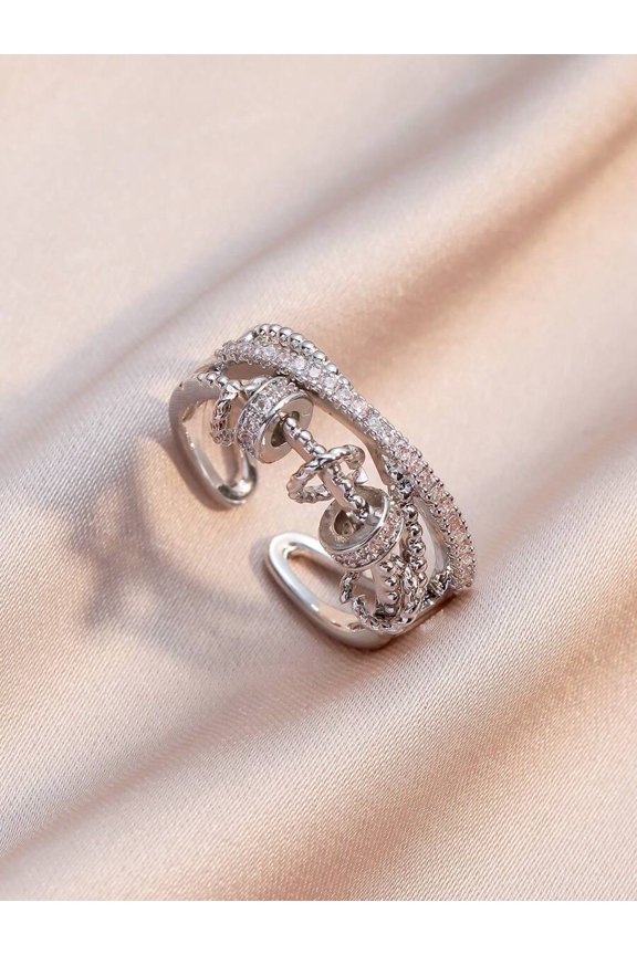 Silver Multi-Layer Rotating Fidget Ring With Rhinestones, Adjustable Swivel Anxiety Relief Jewelry For Daily Wear