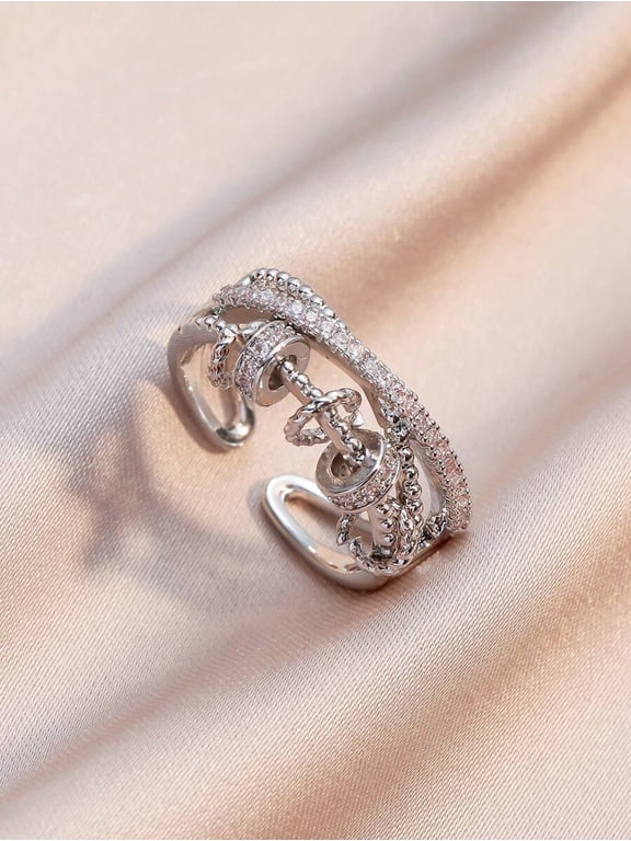 Silver Multi-Layer Rotating Fidget Ring With Rhinestones, Adjustable Swivel Anxiety Relief Jewelry For Daily Wear