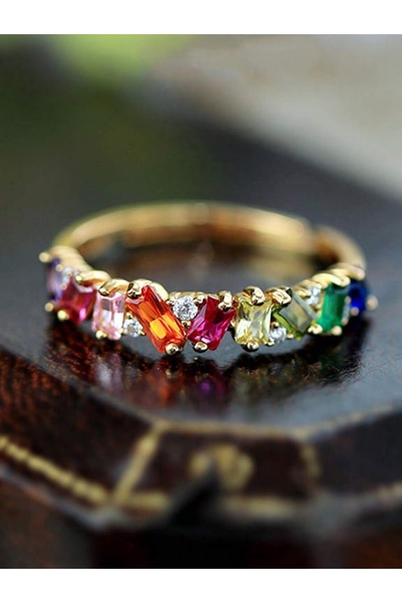 Silver Multicolor Rainbow CZ Stone Stackable Band Ring For Women