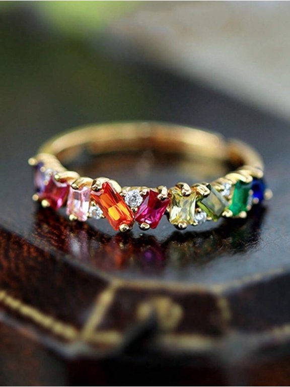 Silver Multicolor Rainbow CZ Stone Stackable Band Ring For Women