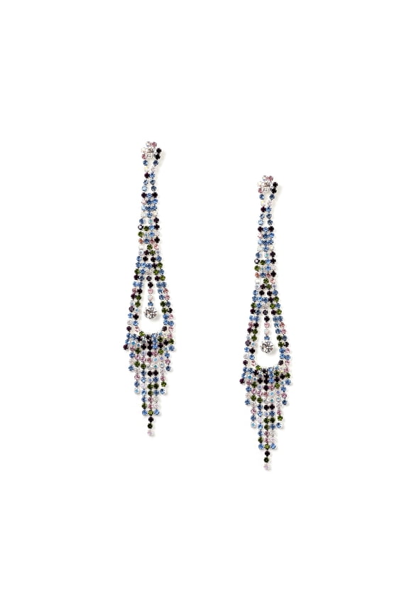 Silver Multiple Color Rhinestone Long Multi Strands with Teardrop Center Design Dangle Earrings