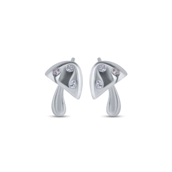 Silver Mushroom Earring - 925 Sterling Silver with Cubic Zirconia Stones - Dainty Shroom Earring Stud