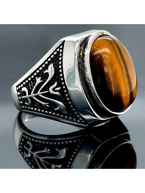 Silver Natural Tiger Eye Ring, Man Handmade Ring, Brown Tiger Eye Ring, Viking Man Bracelet, Oval Gemstone Ring, 925k Sterling Silver
