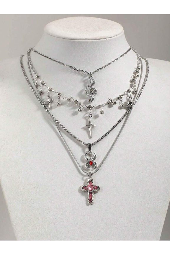 Silver Necklace Set With Cross Spider Treble Clef Charms