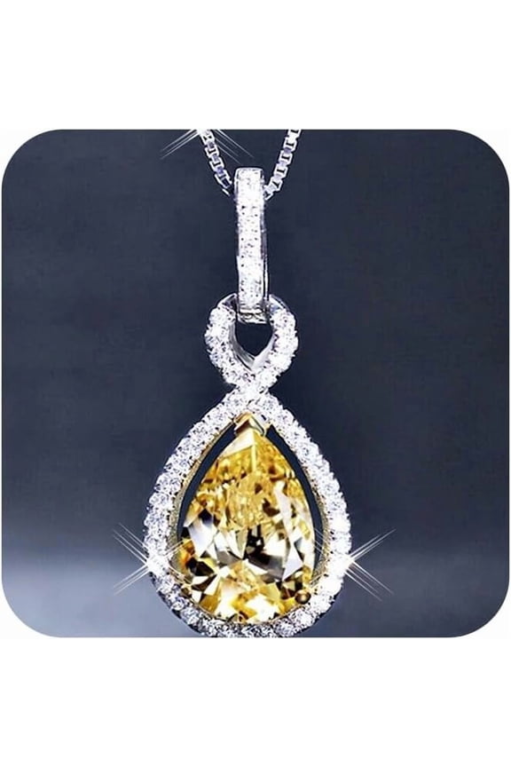 Silver Necklace for Women 14K Gold Precision-Plated Cubic Zirconia Diamond Yellow Pear Shaped Pendant Necklace for Women Water Drop Zircon Necklace[h748]