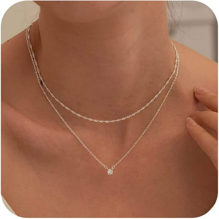Silver Necklace for Women, Dainty Silver Layered Necklaces Sterling Silver  Diamond Pendant Necklace Simple Silver Chain Choker Necklaces Fashion  Silver Set Jewelry Gifts for Women Girls