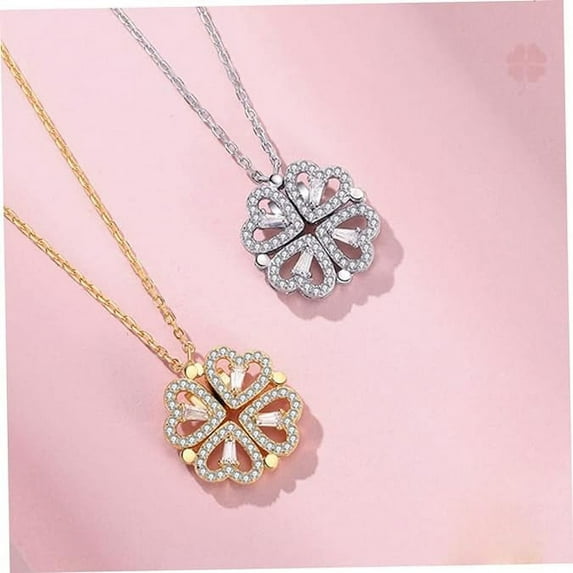 Silver Necklace for Women, Heart Necklace, S925 Silver + Rhinestone 2 in 1 Foldinganti Oxidant Elegant Noble Four-Leaf Clover Pendant Necklace to Accentuate Temperament and Bring You Unexpected Luck