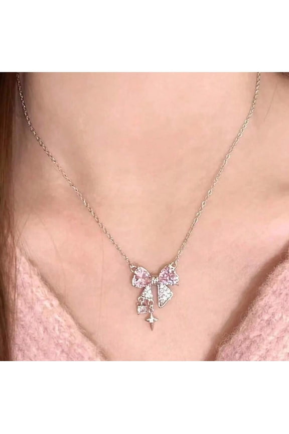 Silver Necklaces For Women Dainty Pink Bow Necklace White Gold Plated Cute Choker Chain Necklace Bow Pendant Charm Cubic Zirconia Necklaces Silver Jewelry Women Gifts Her
