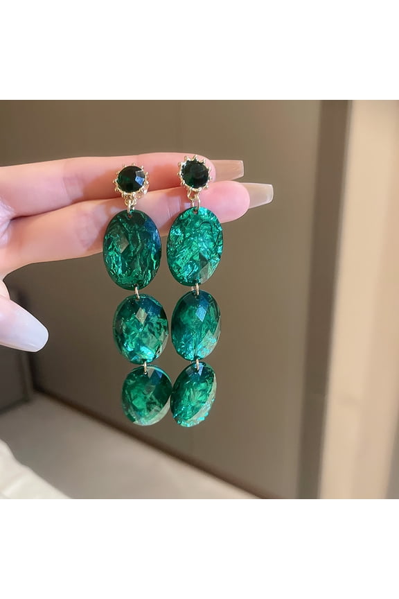 Silver Needle Retro Emerald Acrylic Inlaid Diamond Geometric Earrings European and American Niche Long Style Elegant High-end Earrings for Women