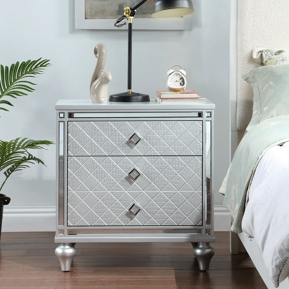 Silver Nightstands End Table with Mirrored Frame Modern Side Table with 3 Storage Drawers For Living Room Bedroom Small Spaces