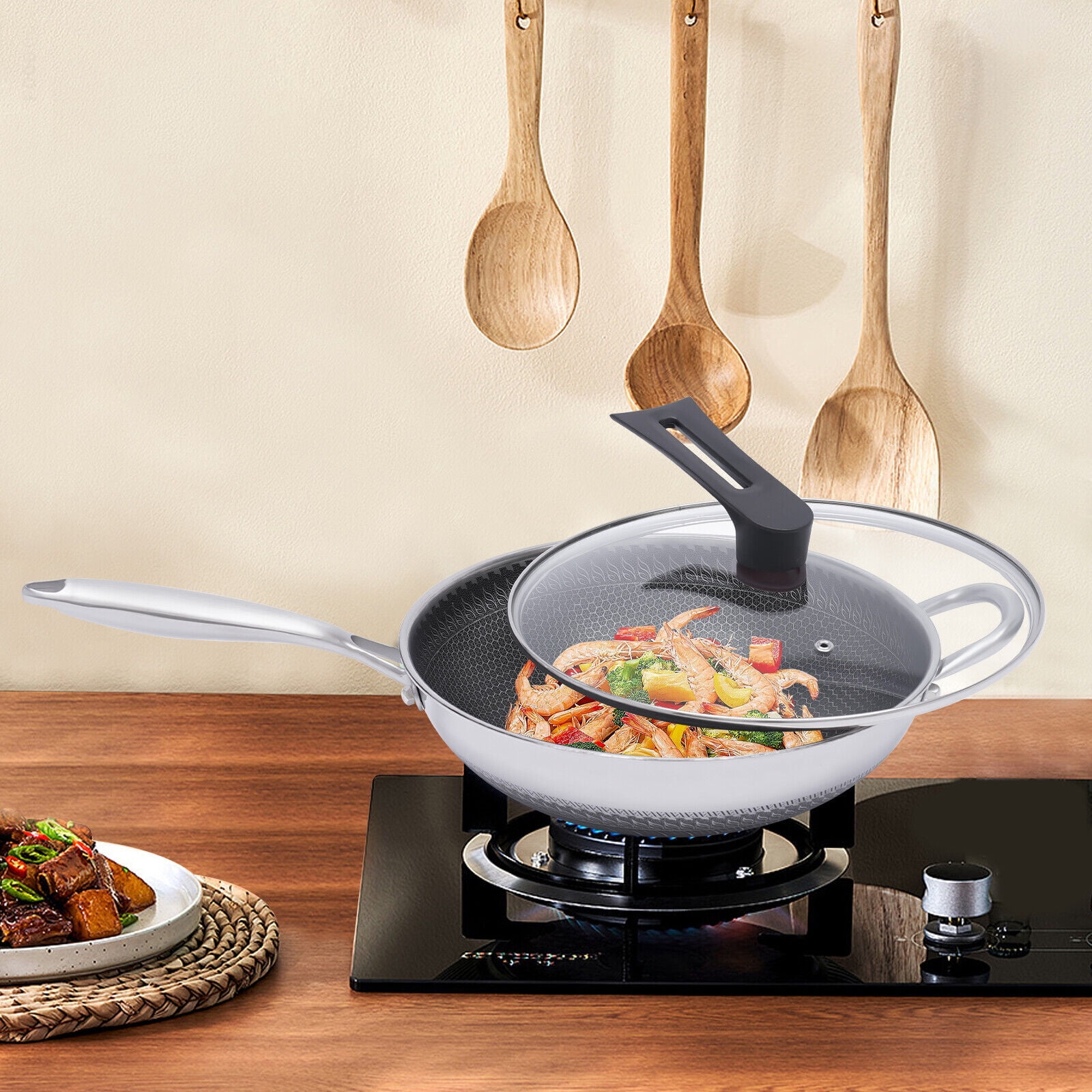 Silver Non Stick Double Sided Honeycomb Cooking Frying Wok Pan with Lid Stainless Steel for Electric Stoves