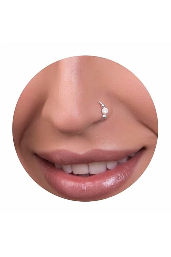Silver Nose Ring - Dainty 10mm Hoop 18 Gauge Hammered Piercing 3mm Fire White Opal - Snug 925 Sterling Silver Nose Piercings Body Jewelry Piercing Hoops