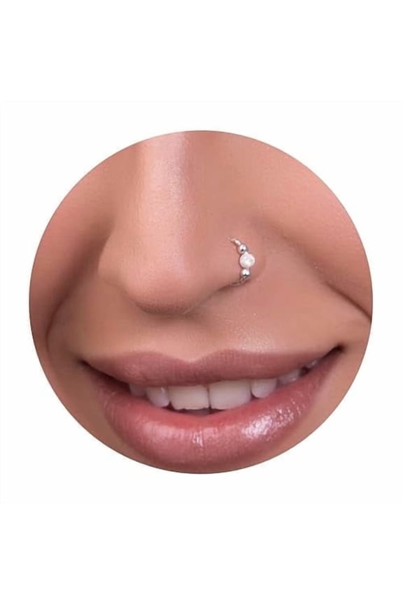 Silver Nose Ring - Dainty 10mm ring 18 Gauge Hammered Piercing 3mm Fire White Opal - Snug 925 Sterling Silver Nose Piercings Body Jewelry Piercing rings