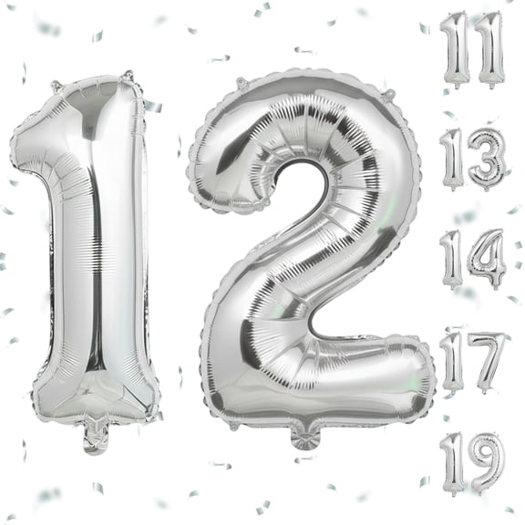 Silver Number 12 Foil Mylar Balloon 40 Inch Self Sealing Metallic Balloon for Helium or Air, 12th Birthday, Anniversary Celebration Decor