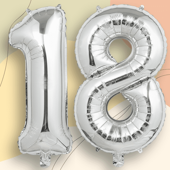 Silver Number 18 Mylar Foil Balloon 40" - Helium or Air Inflatable Metallic Balloons for 18th Birthday Party, Anniversary, Graduation Decorations
