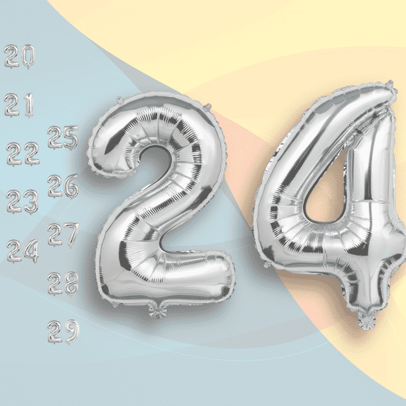Silver Number 24 Mylar Balloon 16 inch - Air Inflation Only Self-Seal Plain Foil Balloons for 24th Birthday HBD Party, Anniversary, Graduation Decor